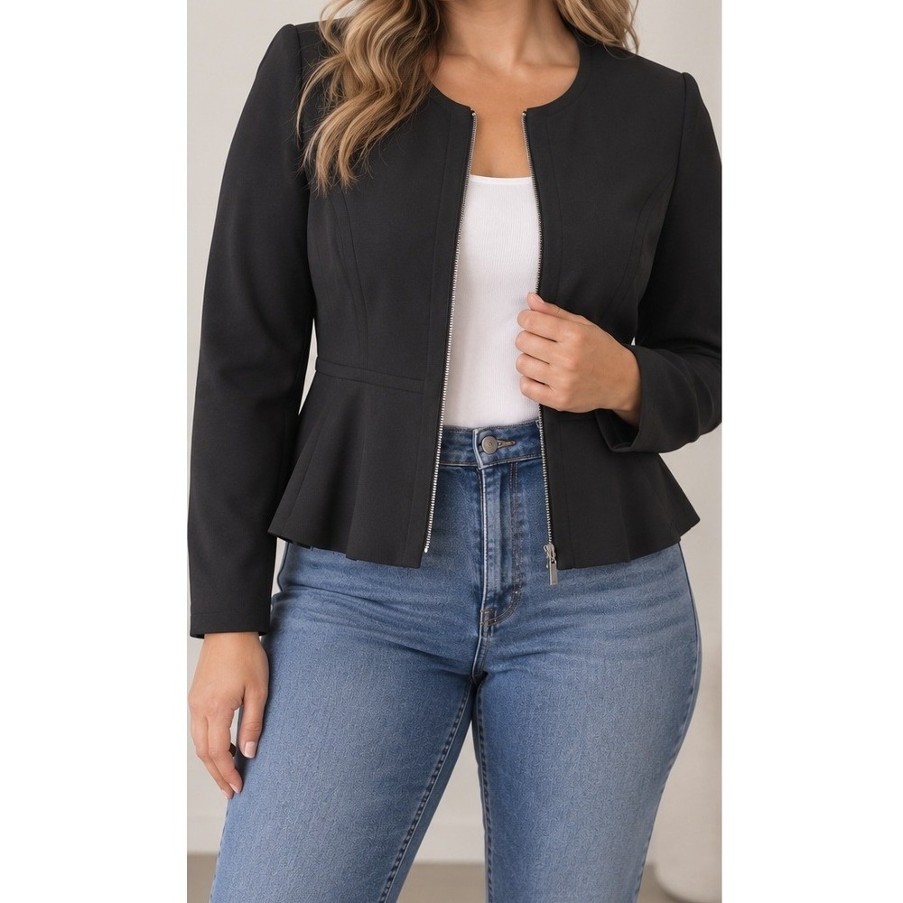 DKNY Womens Black Zip Front Peplum Blazer Jacket Collarless Size 10
